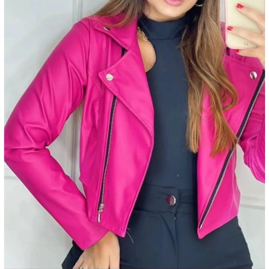 Jaqueta De Couro Feminina com Zíper Inverno Tendencia