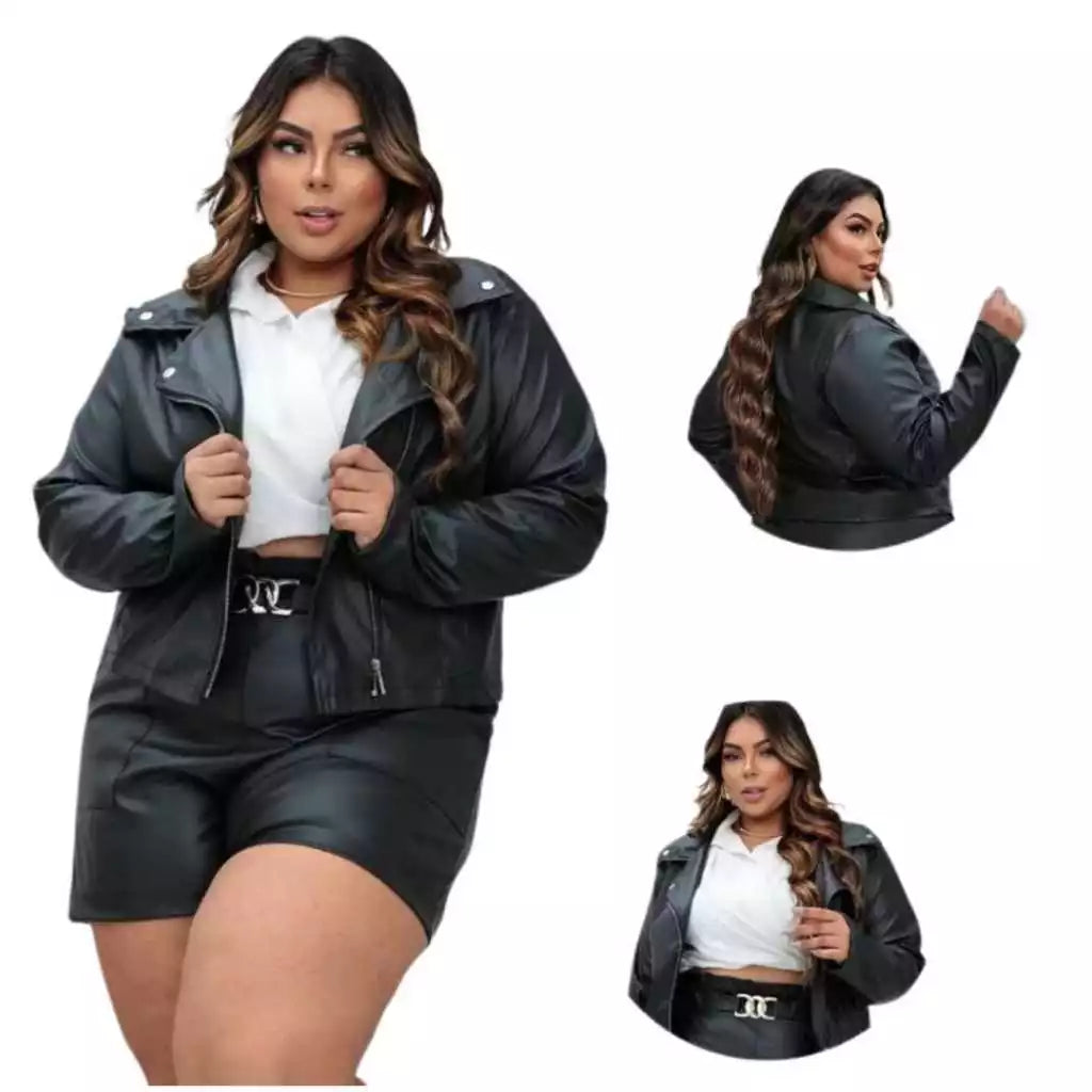 Jaqueta De Couro Plus Size Feminina com Zíper Inverno