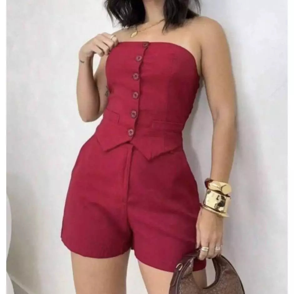 Conjunto Feminino Alfaiataria Short com Bolso + Cropped Tomara que Caia