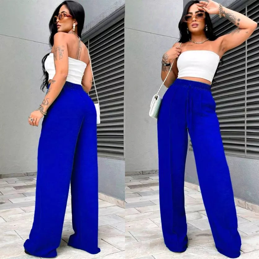 Calça Pantalona Duna Cordão Feminina Com Bolso Cintura Alta Wide Leg