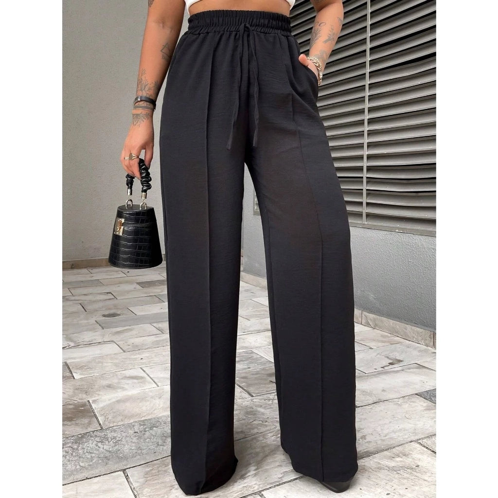 Calça Pantalona Duna Cordão Feminina Com Bolso Cintura Alta Wide Leg
