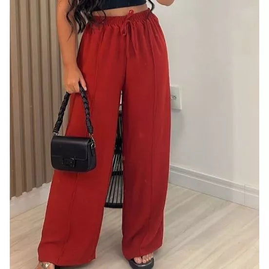 Calça Pantalona Duna Cordão Feminina Com Bolso Cintura Alta Wide Leg