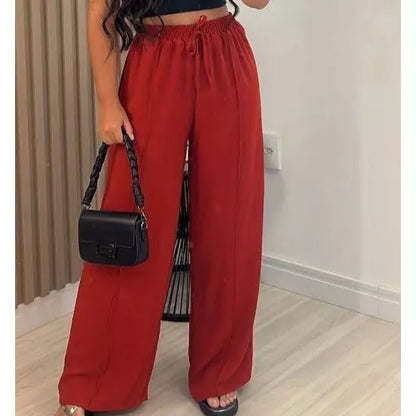 Calça Pantalona Duna Cordão Feminina Com Bolso Cintura Alta Wide Leg