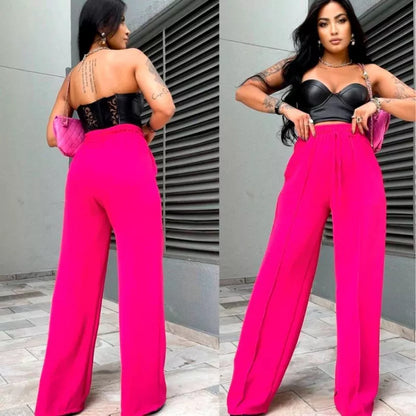 Calça Pantalona Duna Cordão Feminina Com Bolso Cintura Alta Wide Leg