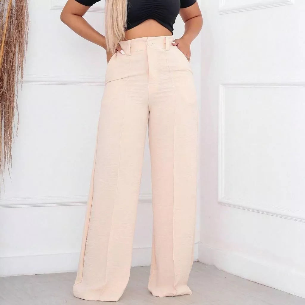 Calça Feminina Pantalona Wide Leg Duna com Botão Cintura Alta