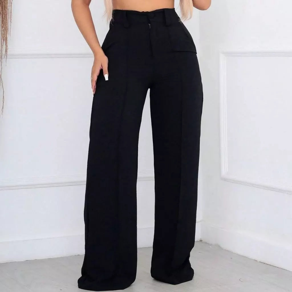 Calça Feminina Pantalona Wide Leg Duna com Botão Cintura Alta