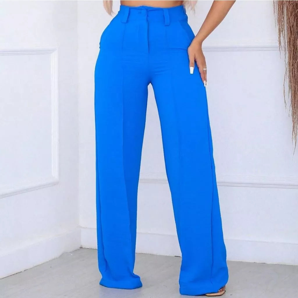 Calça Feminina Pantalona Wide Leg Duna com Botão Cintura Alta