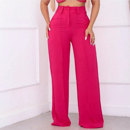 Calça Feminina Pantalona Wide Leg Duna com Botão Cintura Alta