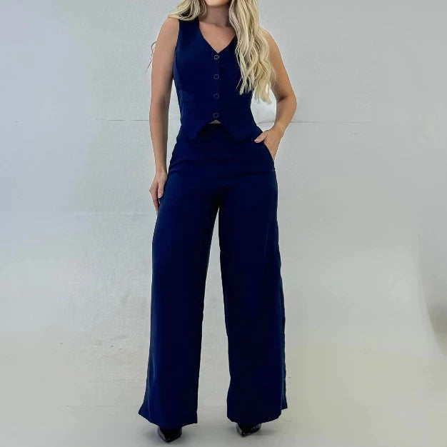 Conjunto Social Colete e Calça Pantalona Cintura alta bolsos Alfaiataria Colete Botões e Plus Zise