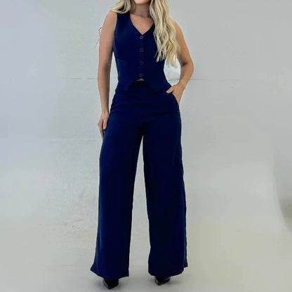 Conjunto Social Colete e Calça Pantalona Cintura alta bolsos Alfaiataria Colete Botões e Plus Zise