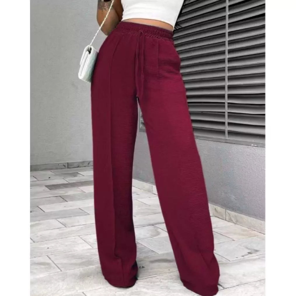Calça Pantalona Duna Cordão Feminina Com Bolso Cintura Alta Wide Leg