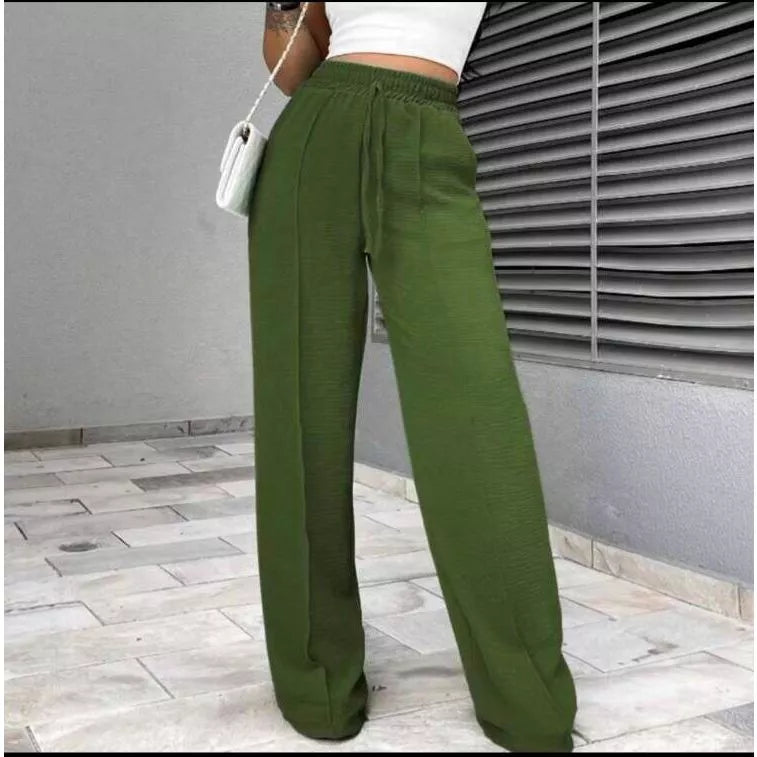 Calça Pantalona Duna Cordão Feminina Com Bolso Cintura Alta Wide Leg