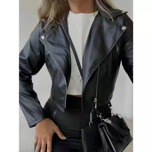 Jaqueta De Couro Feminina com Zíper Inverno Tendencia