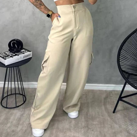 Calça Cargo Alfaiataria Feminina Pantalona WideLeg com Bolsos Laterais
