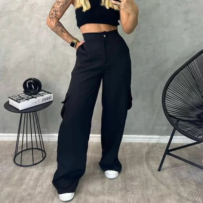 Calça Cargo Alfaiataria Feminina Pantalona WideLeg com Bolsos Laterais