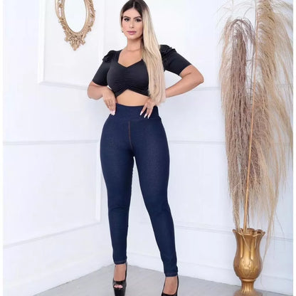 Calça Legging Cotton Jeans Femenina Calça Jeans Femenina Skinny Cintura Alta bolso Uniforme Enfermagem Plus Size