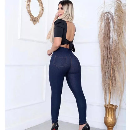Calça Legging Cotton Jeans Femenina Calça Jeans Femenina Skinny Cintura Alta bolso Uniforme Enfermagem Plus Size
