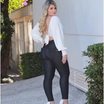 Calça Legging Cotton Jeans Femenina Calça Jeans Femenina Skinny Cintura Alta bolso Uniforme Enfermagem Plus Size