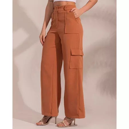 Calça Cargo Alfaiataria Feminina Pantalona WideLeg com Bolsos Laterais