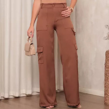 Calça Cargo Alfaiataria Feminina Pantalona WideLeg com Bolsos Laterais