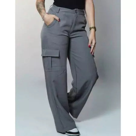 Calça Cargo Alfaiataria Feminina Pantalona WideLeg com Bolsos Laterais