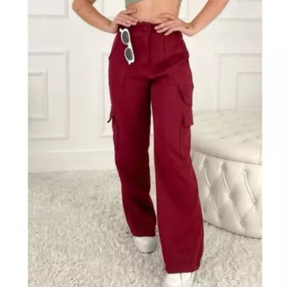 Calça Cargo Alfaiataria Feminina Pantalona WideLeg com Bolsos Laterais