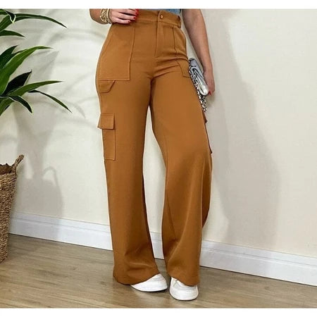 Calça Cargo Alfaiataria Feminina Pantalona WideLeg com Bolsos Laterais
