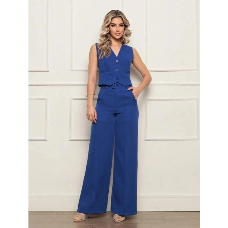 Conjunto Social Colete e Calça Pantalona Cintura alta bolsos Alfaiataria Colete Botões e Plus Zise