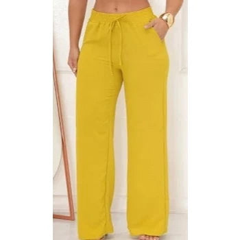 Calça Pantalona Duna Cordão Feminina Com Bolso Cintura Alta Wide Leg