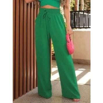 Calça Pantalona Duna Cordão Feminina Com Bolso Cintura Alta Wide Leg