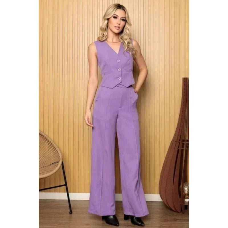 Conjunto Social Colete e Calça Pantalona Cintura alta bolsos Alfaiataria Colete Botões e Plus Zise