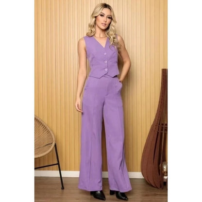 Conjunto Social Colete e Calça Pantalona Cintura alta bolsos Alfaiataria Colete Botões e Plus Zise