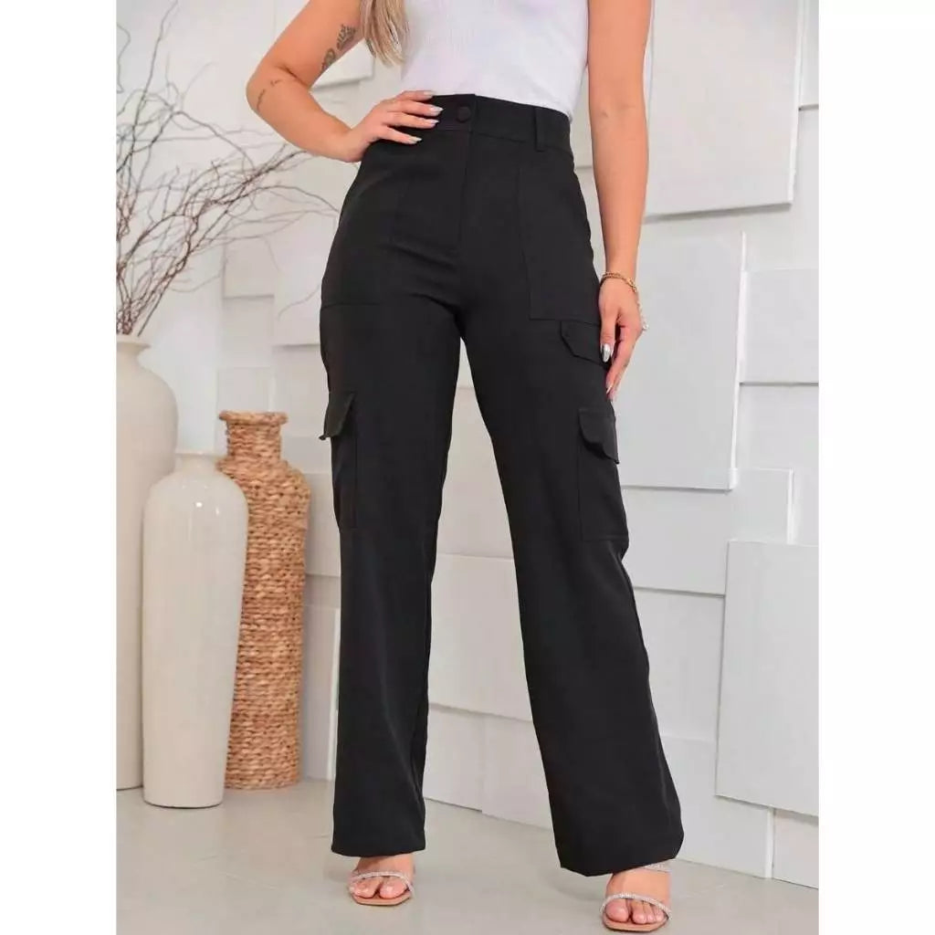 Calça Cargo Feminina Cintura Alta Alfaiataria com Bolsos