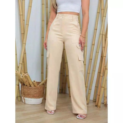 Calça Cargo Feminina Cintura Alta Alfaiataria com Bolsos