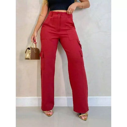 Calça Cargo Feminina Cintura Alta Alfaiataria com Bolsos