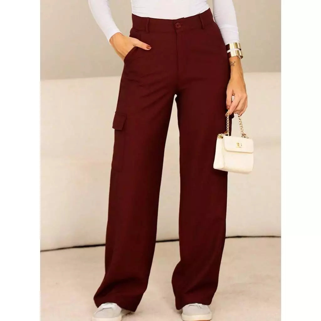 Calça Cargo Feminina Cintura Alta Alfaiataria com Bolsos