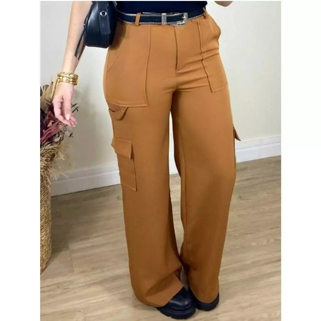 Calça Cargo Feminina Cintura Alta Alfaiataria com Bolsos