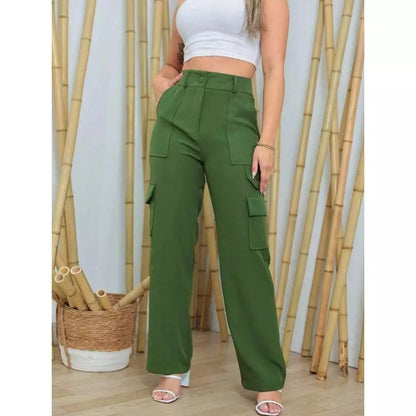 Calça Cargo Feminina Cintura Alta Alfaiataria com Bolsos