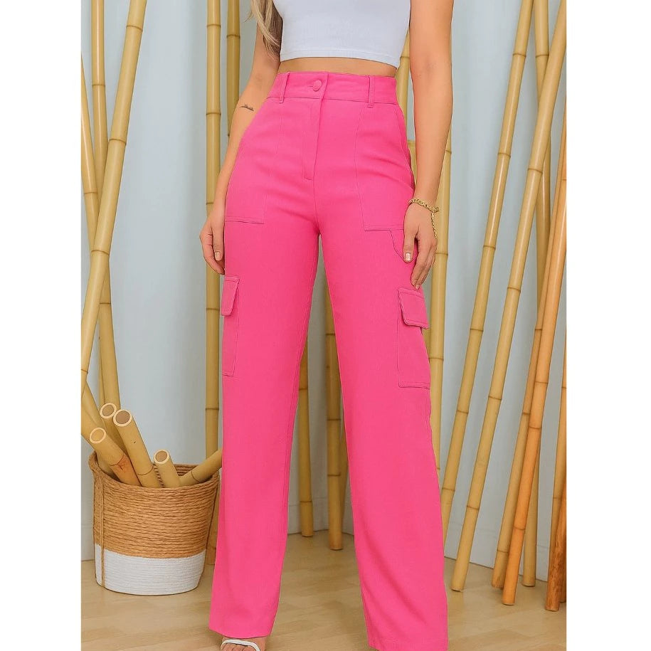 Calça Cargo Feminina Cintura Alta Alfaiataria com Bolsos