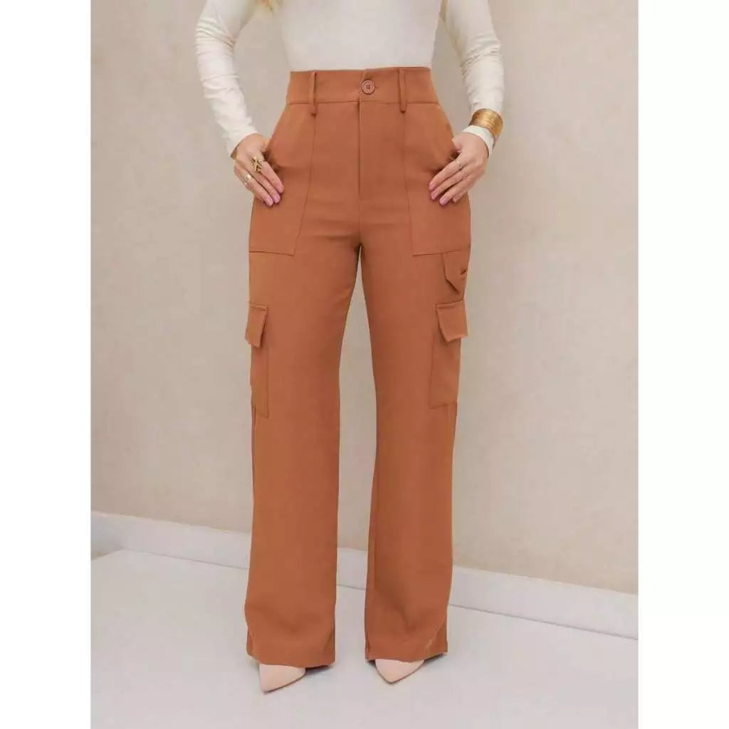 Calça Cargo Feminina Cintura Alta Alfaiataria com Bolsos