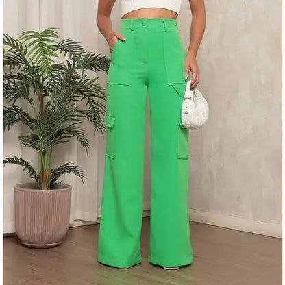 Calça Cargo Alfaiataria Feminina Pantalona WideLeg com Bolsos Laterais