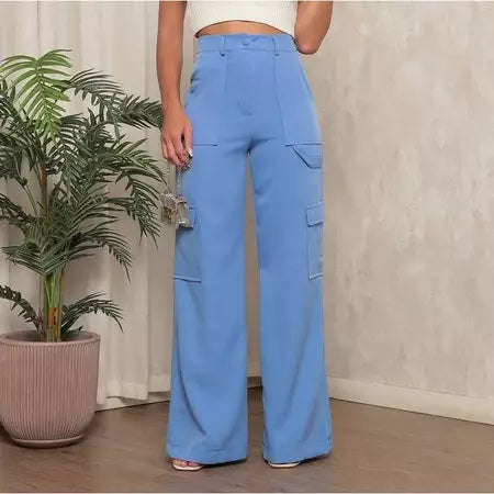Calça Cargo Alfaiataria Feminina Pantalona WideLeg com Bolsos Laterais