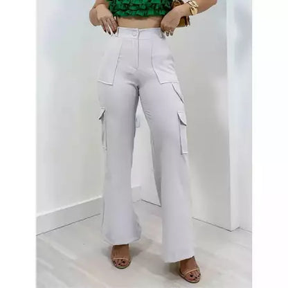 Calça Cargo Alfaiataria Feminina Pantalona WideLeg com Bolsos Laterais