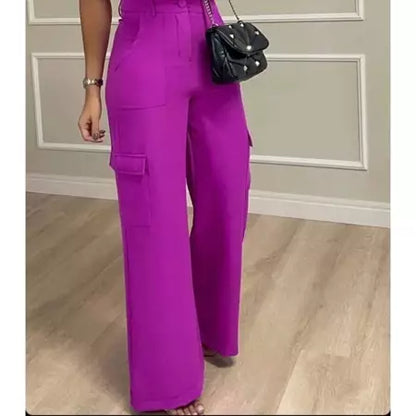 Calça Cargo Alfaiataria Feminina Pantalona WideLeg com Bolsos Laterais