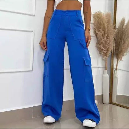 Calça Cargo Alfaiataria Feminina Pantalona WideLeg com Bolsos Laterais