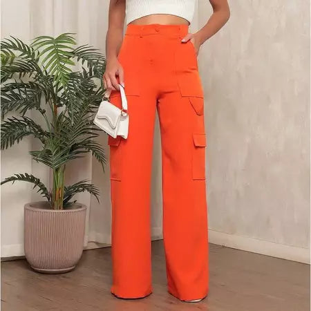 Calça Cargo Alfaiataria Feminina Pantalona WideLeg com Bolsos Laterais