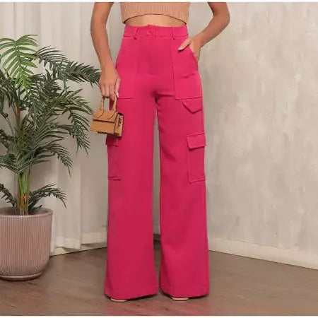 Calça Cargo Alfaiataria Feminina Pantalona WideLeg com Bolsos Laterais