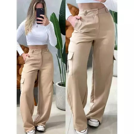 Calça Cargo Alfaiataria Feminina Pantalona WideLeg com Bolsos Laterais