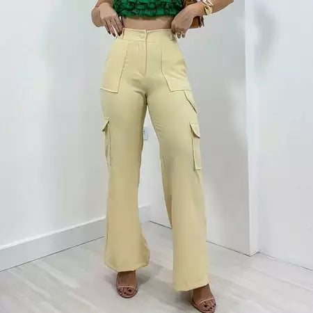 Calça Cargo Alfaiataria Feminina Pantalona WideLeg com Bolsos Laterais