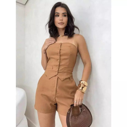 Conjunto Feminino Alfaiataria Short com Bolso + Cropped Tomara que Caia